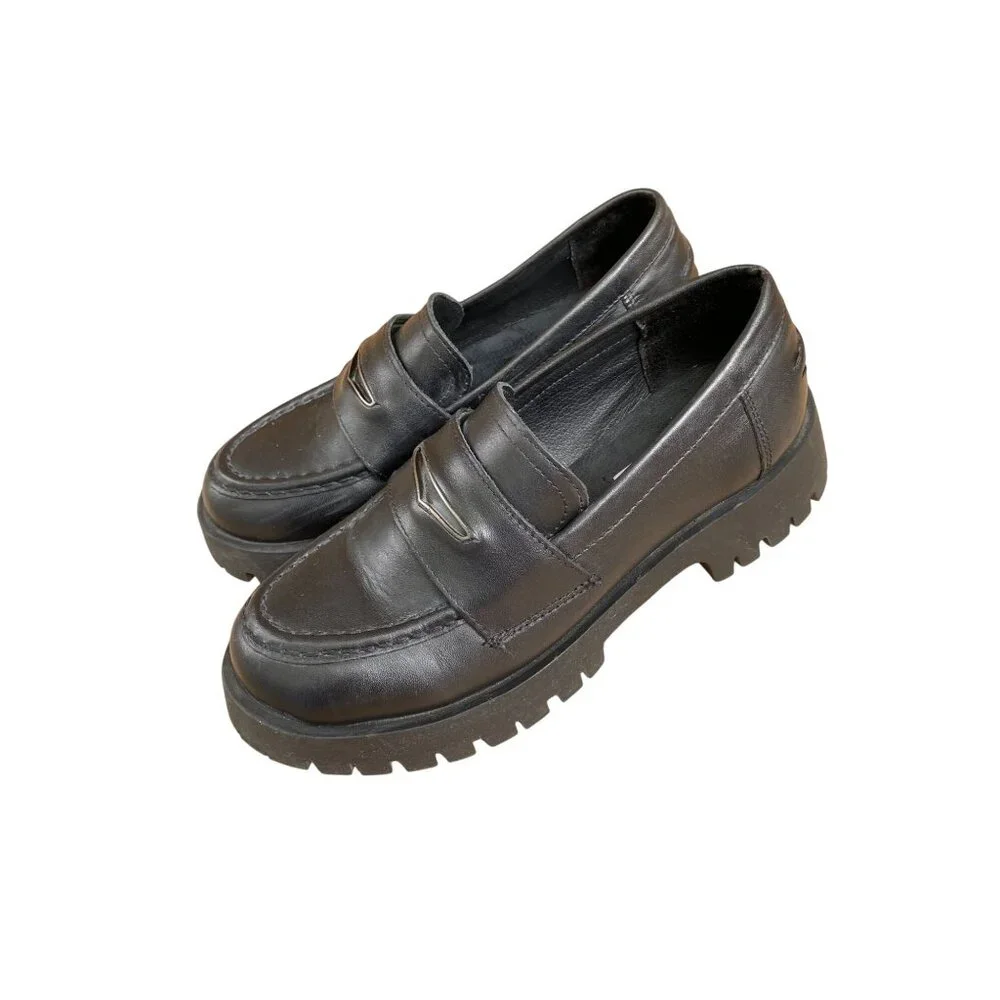 Steve Madden Women Black Lawrence Chunky Loafers Size 7.5 Leather platform Y2K‎